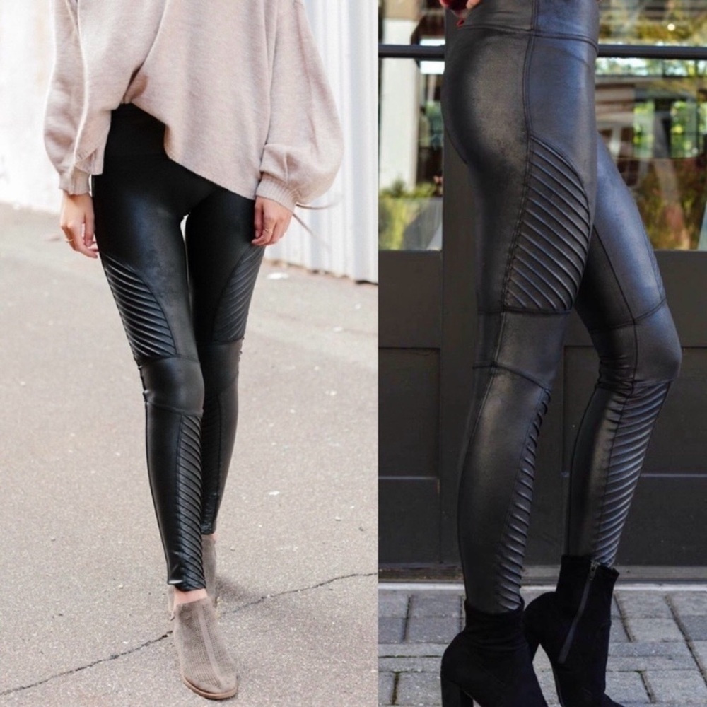 SPANX Faux Leather Moto Leggings Black Shaping Pants Size M😍